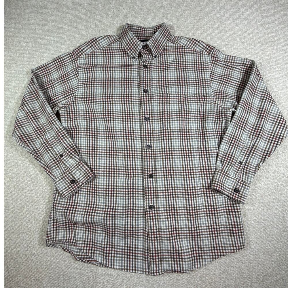 Casuals Roundtree & York Men L Brown White Portuguese Flannel Plaid Shirt Cozy